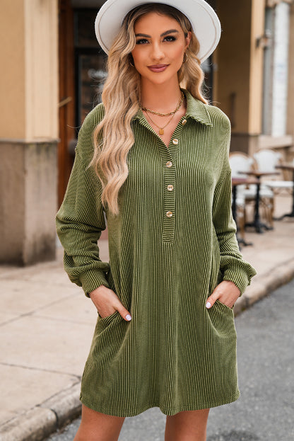 Moss Green Corded Buttons Placket Drop Shoulder Collared Shift Dress