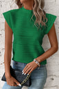 White Wavy Textured Mock Neck Cap Sleeve Top