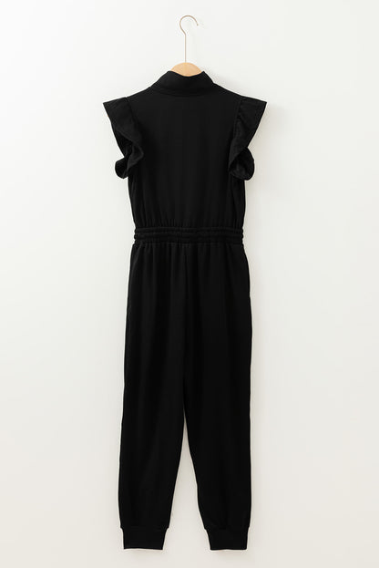 Black Zipper Flutter Sleeve Drawstring High Waist Jumpsuit