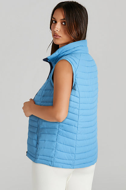 Silvery Plush Collared Quilted Zipped Puffer Vest