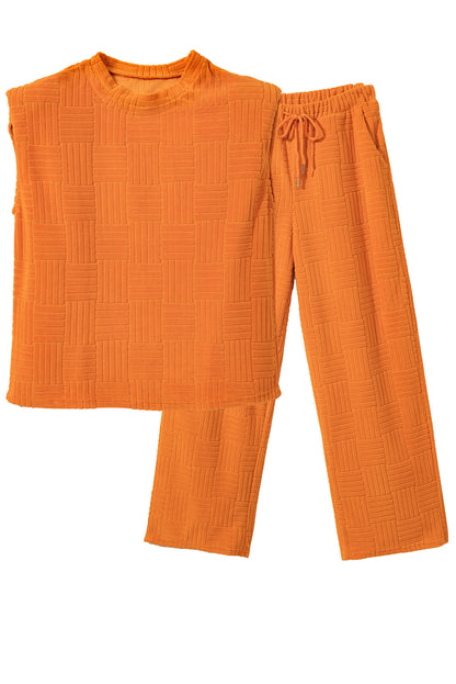 Orange Textured Tank Top and Wide Leg Pants Set