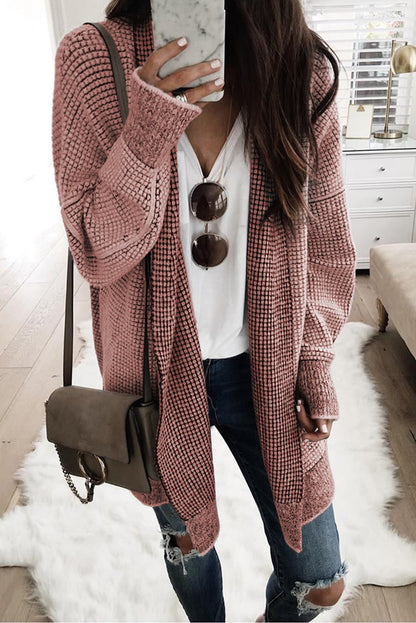 Gray Plaid Knitted Long Open Front Cardigan