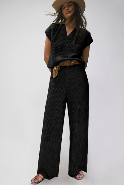 Black Knitted V Neck Sweater and Casual Pants Set