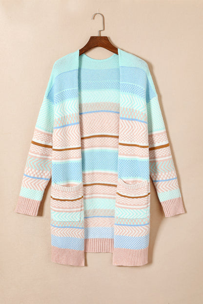 Multicolour Striped Printed Knitted Open Front Cardigan